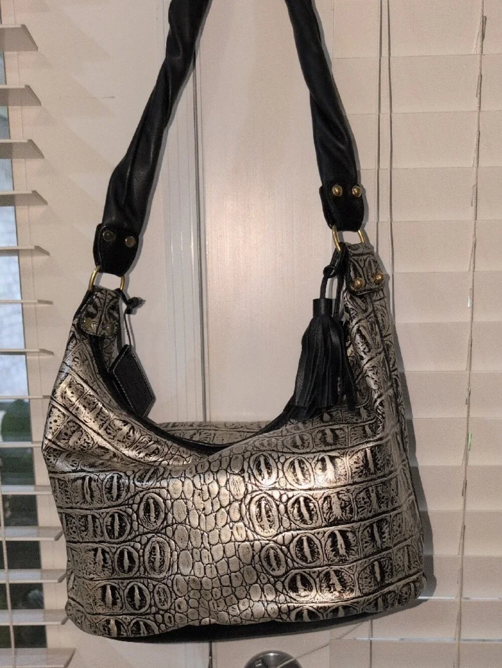 Townsend Silver And Black Leather Emobossed Crocodile Bag